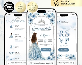 Invitación azul claro para quinceañera con confirmación de asistencia en línea. Invitación digital editable para quinceañera.