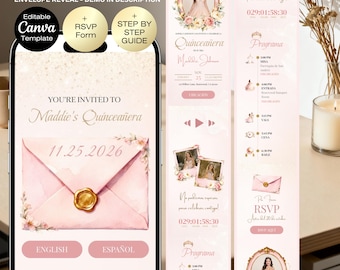 Quinceañera Digital Invitation with RSVP | Sweet 16 Website Editable Trackable RSVP & Countdown, 15th Birthday English Spanish Canva Invite