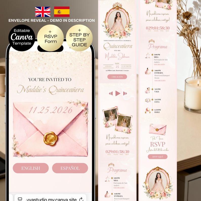 May include: A digital invitation for a Quincea&ntilde;era, featuring a pink envelope design with a gold wax seal. The invitation includes the text "You're Invited to Maddie's Quincea&ntilde;era" and the date "11.25.2026". Additional details are displayed on a mobile phone.