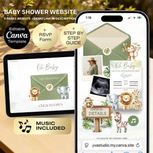 Safari Baby Shower Invitation Website + RSVP, Editable Jungle Animals Invite, Gender Neutral Safari Invite Template, Envelope reveal Safari
