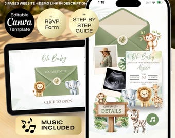 Safari Baby Shower Invitation Website + RSVP, Editable Jungle Animals Invite, Gender Neutral Safari Invite Template, Envelope reveal Safari