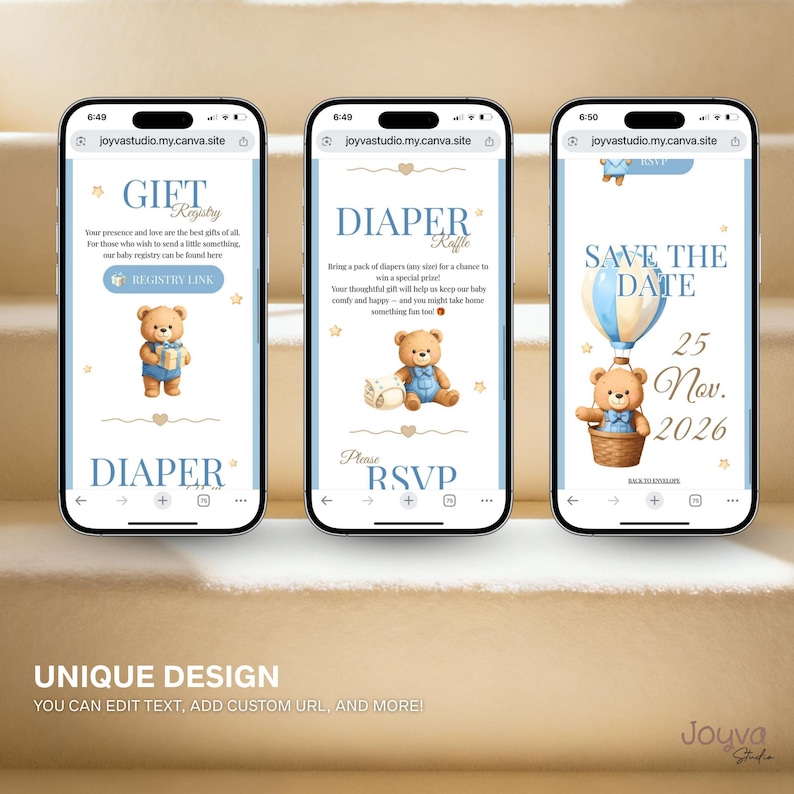 May include: Three smartphone screens displaying baby shower invitation designs. The designs feature a teddy bear illustration, blue and gold accents, and text including "Gift Registry," "Diaper Raffle," and "Save the Date." The bottom of the image reads "Unique Design."