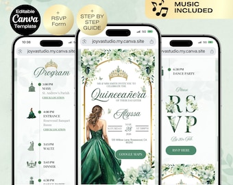 Quinceañera Emerald Green RSVP Sitio web / Quince Sweet 16 invitación, Editable Mis Quince Anos 15th Birthday Digital Quinceañera Invitación
