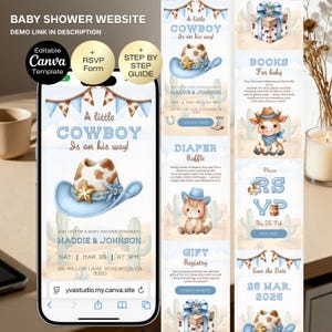 Puede incluir: Un diseño de sitio web para baby shower con tema de vaquero. El diseño presenta un teléfono inteligente que muestra una invitación a un baby shower con una ilustración de sombrero de vaquero, detalles del evento e información de RSVP. Los paneles adicionales incluyen detalles del registro de regalos y la rifa de pañales.