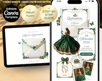 Modelo de site para convite de festa de 15 anos em verde esmeralda | Modelo editável para aniversário de 15 anos no Canva | Site digital para festa de 15 anos | Confirmação de presença