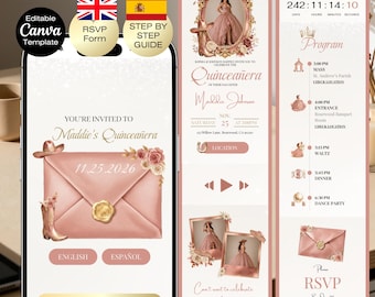 Quinceañera Invitation with RSVP | Sweet 16 Website Editable Trackable RSVP & Countdown, Rose gold English Spanish Western Charro Invite