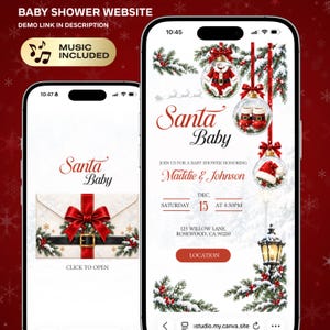 May include: Two smartphones display a digital baby shower invitation with a Christmas theme. The screens show text including Santa Baby, Maddie & Johnson, Saturday Dec 15 at 4:30PM, and 125 Willow Lane, Rosewood, CA 90210, with ornaments and a lamp post.