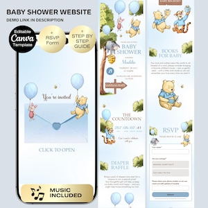 May include: A baby shower website template with a Winnie the Pooh theme. The design includes illustrations of Pooh, Piglet, and Tigger with balloons. The website features an RSVP form, a countdown timer, and a diaper raffle section.