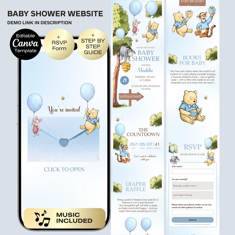 May include: A baby shower website template with a Winnie the Pooh theme. The design includes illustrations of Pooh, Piglet, and Tigger with balloons. The website features an RSVP form, a countdown timer, and a diaper raffle section.