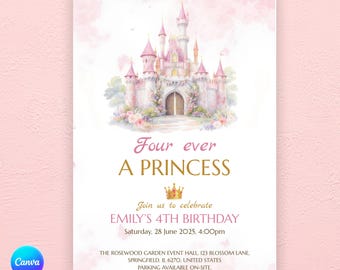 Editable Princess Castle Birthday Invitation | 4th Birthday Girl Canva Template | Four Ever a Princess Invite | Instant Download