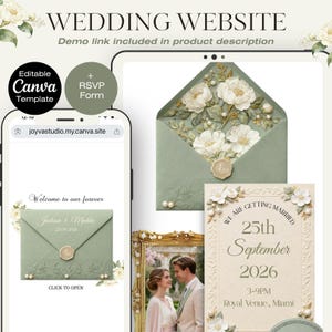Pode incluir: Um modelo de site de casamento com um link de demonstração. O design apresenta um envelope verde sálvia com detalhes florais brancos, um convite correspondente e um smartphone exibindo o site. O texto inclui "Wedding Website" e "Editable Canva Template."