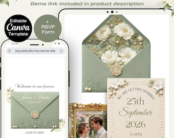 Wedding Website Template - Digital Floral Sage Green Editable Rsvp Canva Invitation Template