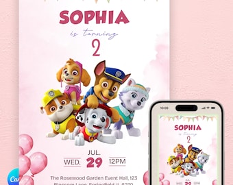 Paw Patrol Girl Birthday Invitation | Editable Pink Skye Everest Party Invite | Birthday Digital Download | Paw Patrol Canva Template