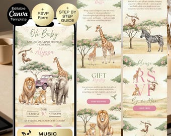 Pink Safari Baby Shower Invitation Website + RSVP, Jungle Animals Invite, Girl Safari Invite Template, A little wild one is on her way