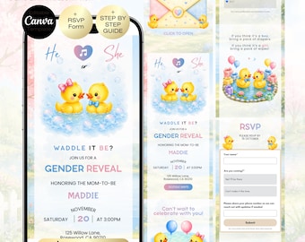 Waddle it Gender Reveal Invitation Website with RSVP | He or She | Duck Spring Summer Invitation Theme | Digital Chick Gender Reveal