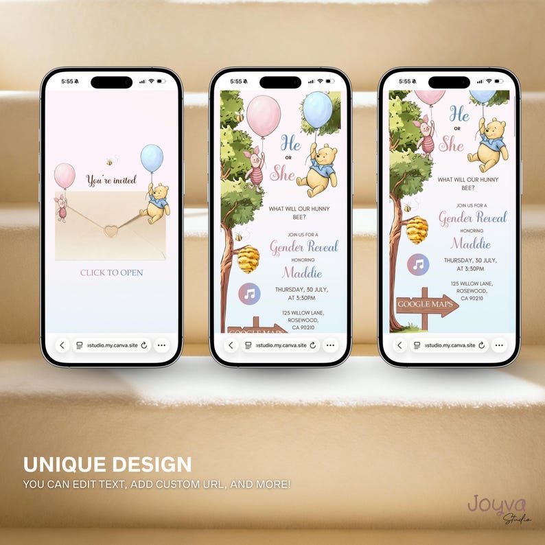 May include: Three smartphones displaying a gender reveal invitation. The design features Winnie the Pooh characters, pink and blue balloons, and the text "He or She." The invitation includes event details.