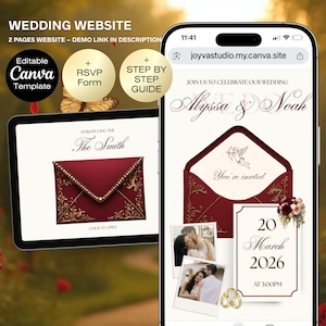 May include: A wedding website template shown on a tablet and smartphone. The design features a burgundy envelope with gold detailing, and the names "Alyssa & Noah" are displayed. Includes an RSVP form and a step-by-step guide.