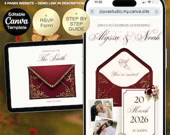 Wedding Website Canva Template with RSVP | Burgundy Cupid Theme Wedding Website | Envelope Reveal Wedding |Digital Wedding Invitation