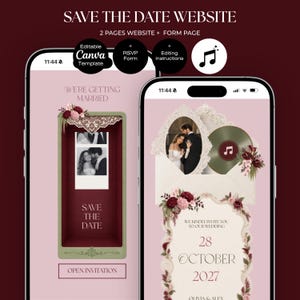 May include: Two smartphones display a digital wedding invitation template on a light pink background. The screens show text including SAVE THE DATE, WE'RE GETTING MARRIED, and 28 OCTOBER 2027, alongside floral graphics, a vinyl record, and photos.
