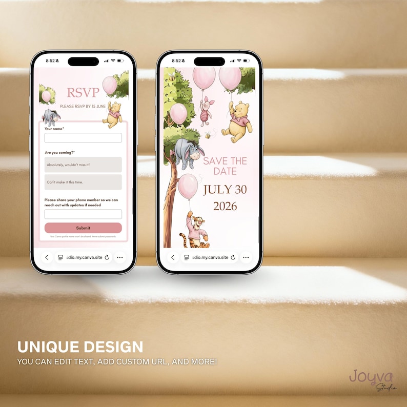 May include: Two smartphones showing a pink RSVP form and a pink save-the-date announcement. The designs feature illustrations of Winnie the Pooh characters, pink balloons, and the text "SAVE THE DATE JULY 30 2026". The bottom of the image reads "UNIQUE DESIGN".