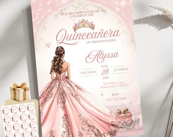 Quinceañera Rose Gold Invitation | Elegant 5x7 Canva Template | Editable Digital Invite | Floral Royal Invitation | Sweet 15 Sweet 16 Quince