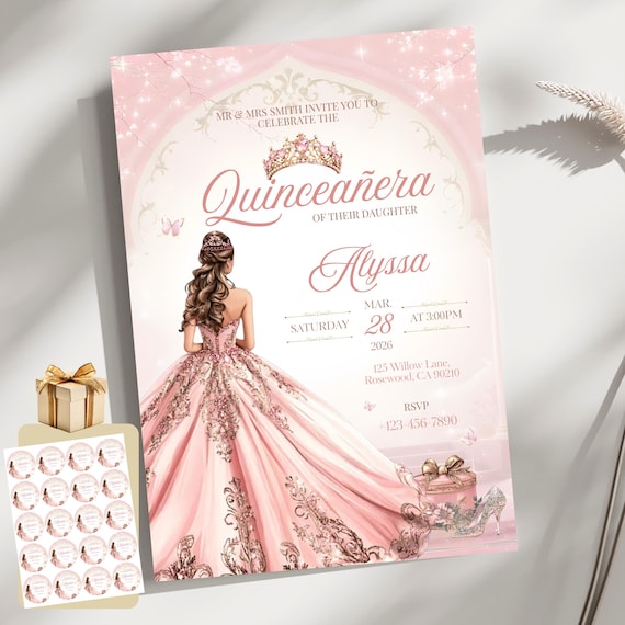Quinceañera Rose Gold Invitation | Elegant 5x7 Canva Template | Editable Digital Invite | Floral Royal Invitation | Sweet 15 Sweet 16 Quince