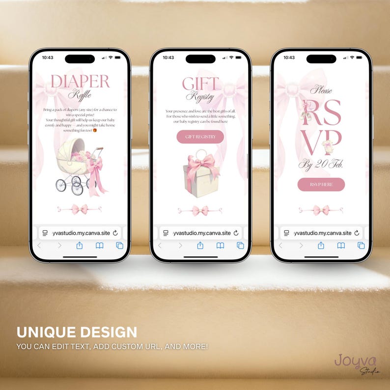 May include: Three smartphones showing baby shower invitation designs. The screens display pink bows, text, and illustrations of a pram and gift box. The bottom of the image reads "UNIQUE DESIGN".