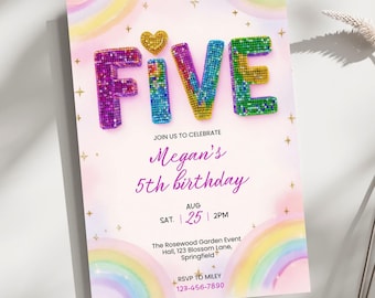 Invitación de quinto cumpleaños para niña, plantilla imprimible editable con lentejuelas arcoíris y purpurina para fiesta de niñas, invitación de cumpleaños rosa para niñas