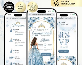 Invitación azul claro para quinceañera con confirmación de asistencia en línea. Invitación digital editable para quinceañera.