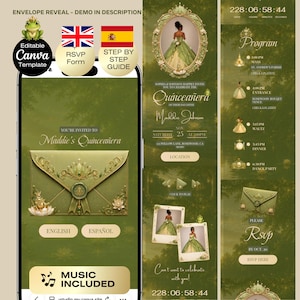 May include: A digital invitation template for a Quinceañera, featuring a green and gold color scheme. The design includes an envelope reveal, RSVP information, and a program. The text includes "Maddie's Quinceañera" and "Music Included".