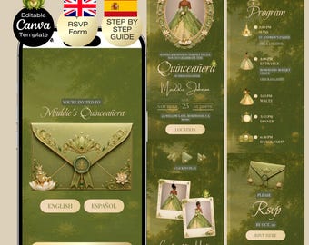 Quinceañera Tiana Invitation with RSVP | Princess and the Frog Sweet 16 Website Editable Trackable RSVP & Countdown, English Spanish