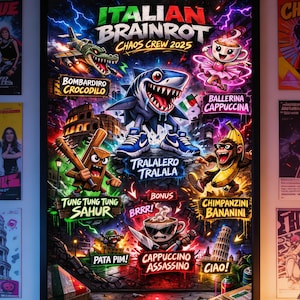 May include: A framed poster with the text "ITALIAN BRAINROT CHAOS CREW 2025" and cartoon characters. The poster is hanging above a bed with colorful pillows and a desk with a laptop and figurines.