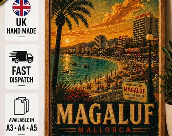 Magaluf Mallorca Reiseplakat, Vintage Nachtleben Strand Wandkunst