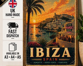 Ibiza Reiseplakat, Cafe Mambo Sunset Print, Vintage Spanien Wandkunst