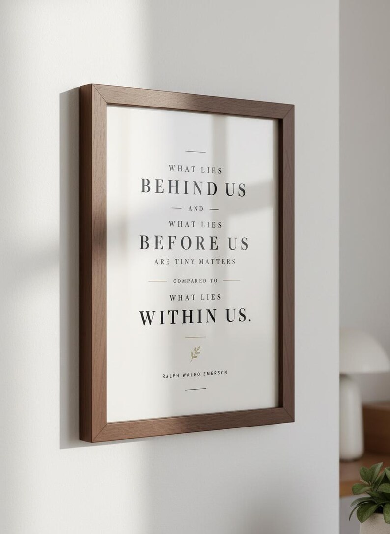 May include: A framed print with a brown wooden frame. The print features the quote "What lies behind us and what lies before us are tiny matters compared to what lies within us." by Ralph Waldo Emerson, in a minimalist design.