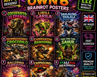 Brainrot Meme Poster Bundle, 6 beliebige Viral Prints, Neon Gaming Wall Art UK