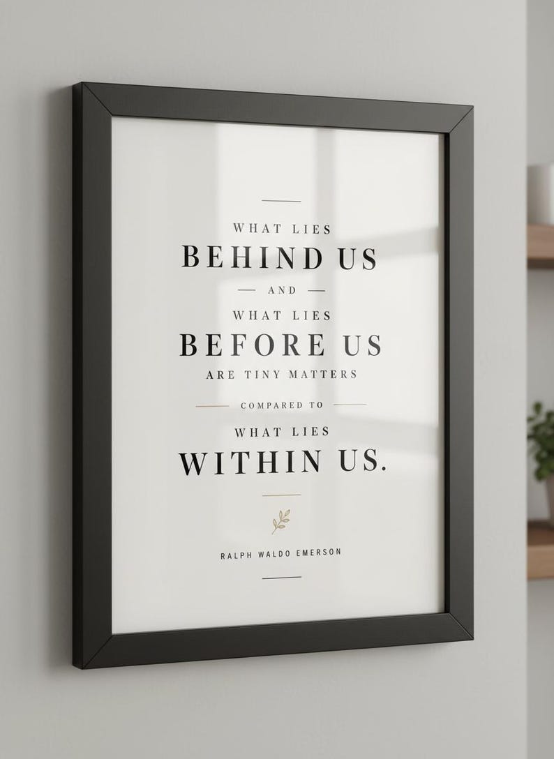 May include: A framed print with a black border, featuring the quote "What Lies Behind Us and What Lies Before Us Are Tiny Matters Compared to What Lies Within Us." The text is in a classic serif font.