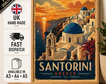 Santorini Reiseplakat, Weinlese-griechische Insel Wandkunst, Oia Blue Haube-Sonnenuntergang-Druck