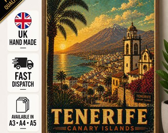 Tenfera Reiseplakat, Teide Wandkunst, Vintage Kanarische Inseln Druck, spanische Sonnenuntergang Illustration