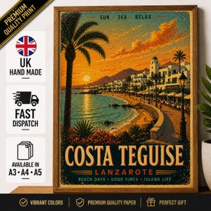 Costa Teguise Travel Poster, Lanzarote Beach Wall Art, Vintage Canary Islands Print, Cafe del Mar Promenade Decor, Spanish Island Holiday