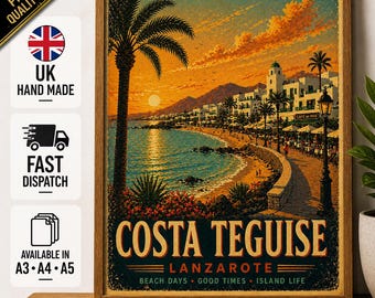 Costa Teguise Lanzarote Vintage Reise Poster, Kanarische Inseln Strand Wandkunst