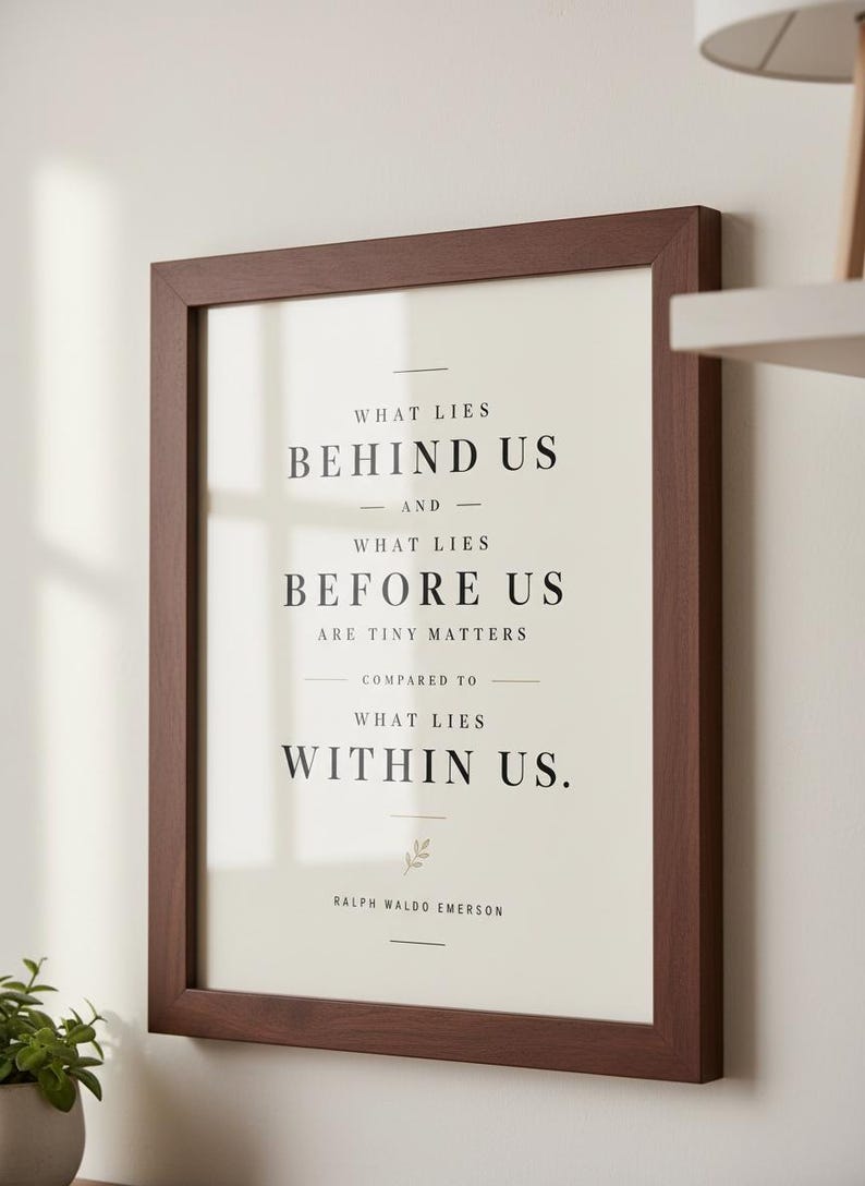 May include: A framed print with a dark brown wooden frame. The print features the quote "WHAT LIES BEHIND US AND WHAT LIES BEFORE US ARE TINY MATTERS COMPARED TO WHAT LIES WITHIN US." by Ralph Waldo Emerson.