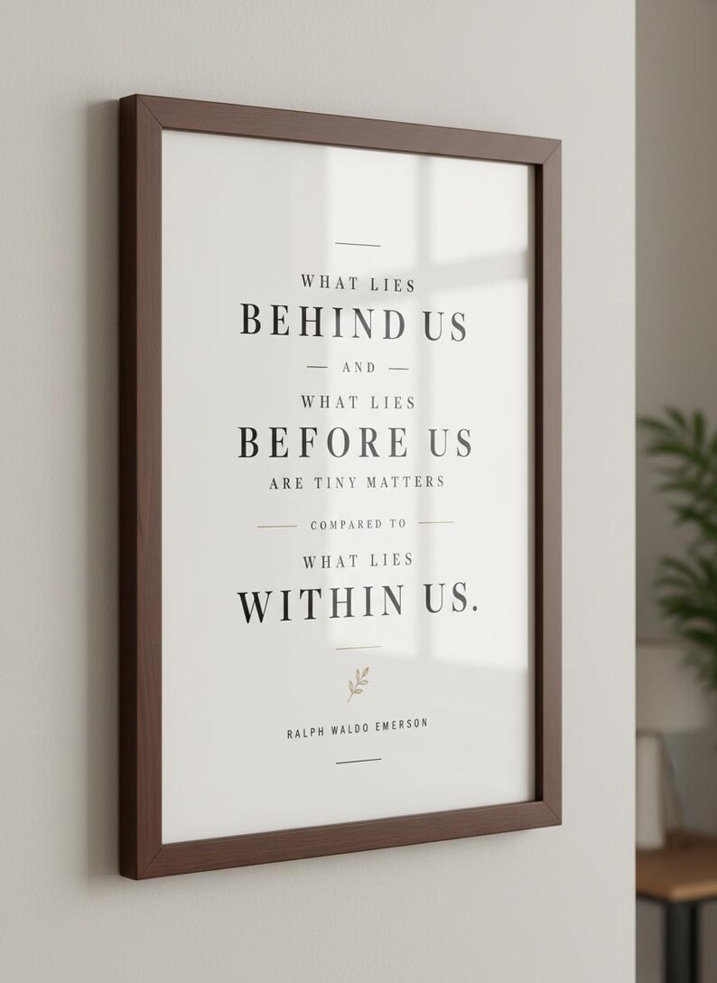 May include: A framed print with a dark brown wooden frame. The print features the quote "What Lies Behind Us and What Lies Before Us Are Tiny Matters Compared to What Lies Within Us" by Ralph Waldo Emerson, in black text.