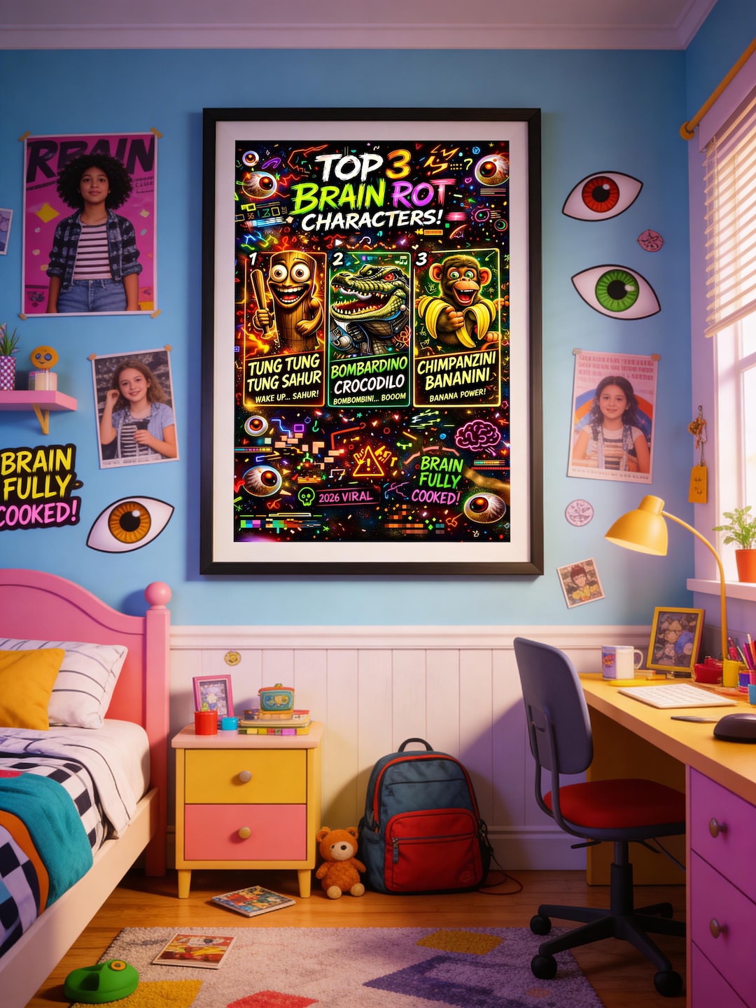 Top 3 Brain Rot Characters Poster | Neon Meme Wall Art (2026 Viral) - Etsy