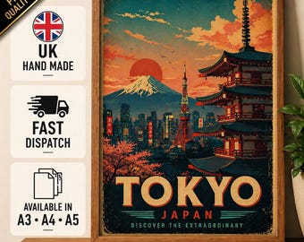 Tokyo Reiseplakat, Berg Fuji Vintage Japan-Druck, Pagode-Kirschblüten-Dekor