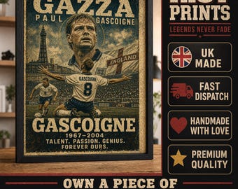 Paul Gascoigne poster voetballegende Engeland | Vintage retro Gazza-print, man Cave Art