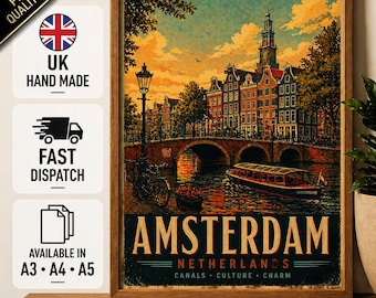 Amsterdam Reiseplakat, Vintage Niederlande Kanalwandkunst, Holland Fahrrad-Dekor, Retro Stadt-Illustration