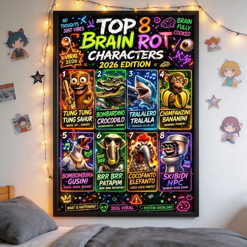 Top 8 Brain Rot Characters Poster | Viral Meme Wall Art, Neon Print ...