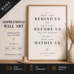 May include: A framed inspirational wall art print with the quote "What Lies Behind Us and What Lies Before Us Are Tiny Matters Compared to What Lies Within Us" by Ralph Waldo Emerson. The print is available in A3, A4, and A5 sizes.