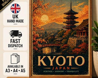 Kyoto Travel Poster, Vintage Japanische Pagode Herbststempel Kunstdruck